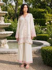 SS26DC-2625 OFF WHITE 2PCS  EMBROIDERED KURTA WITH TROUSER
