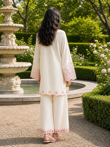 SS26DC-2625 OFF WHITE 2PCS  EMBROIDERED KURTA WITH TROUSER