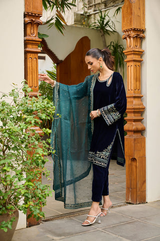 DA-2275 NAVY BLUE EMBROIDERED KURTA WITH DUPATTA