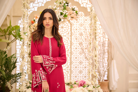 DA-2166 PINK 2PCS  EMBROIDERED KURTA WITH TROUSER
