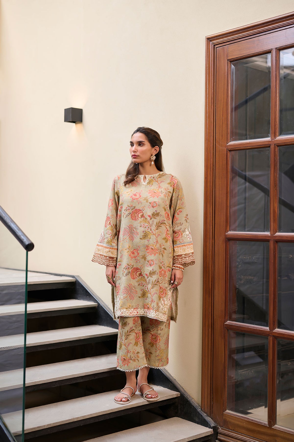 DC-2280 GREEN 2PCS  EMBROIDERED KURTA WITH TROUSER