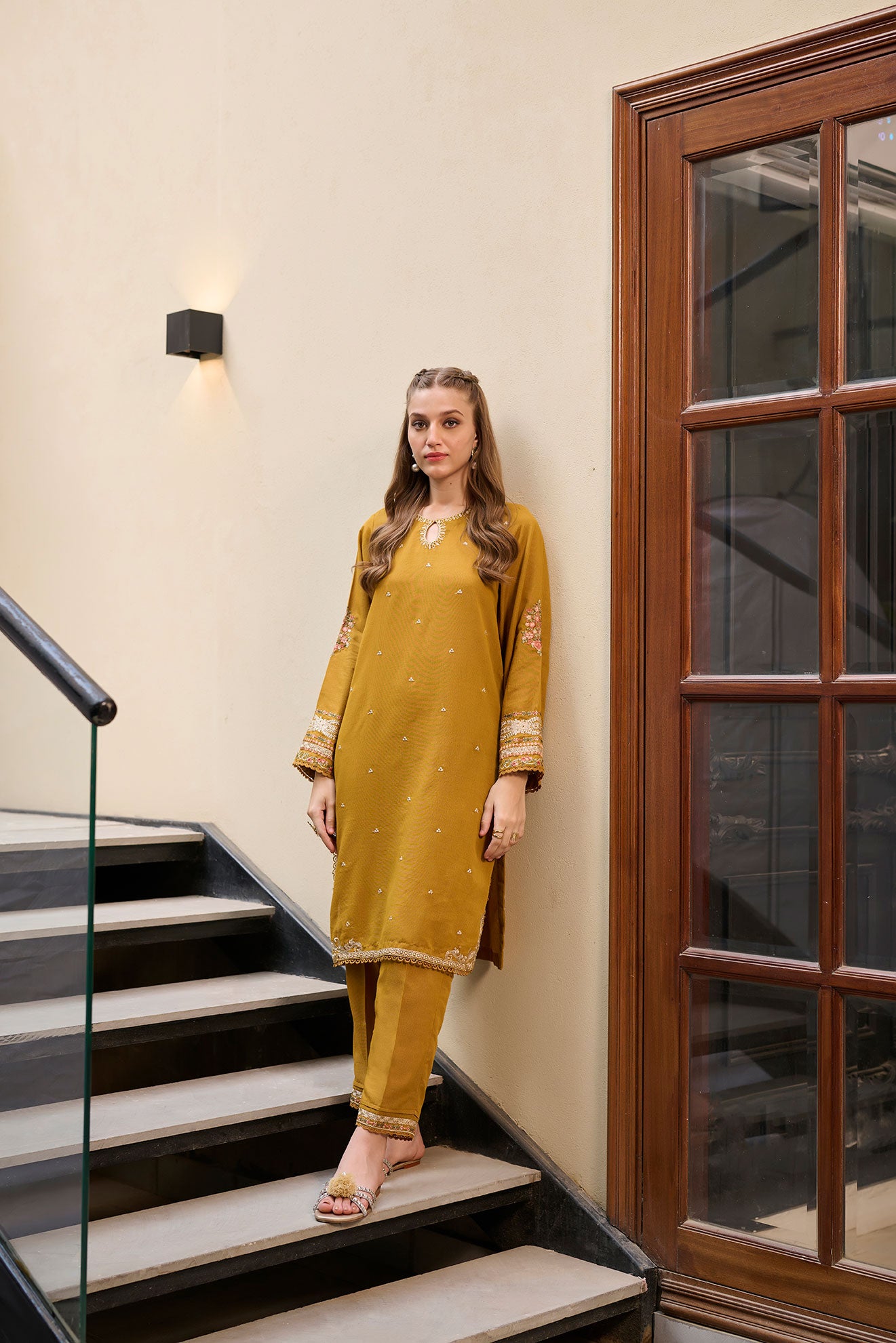 DC-2290 MUSTARD 2PCS  EMBROIDERED KURTA WITH TROUSER