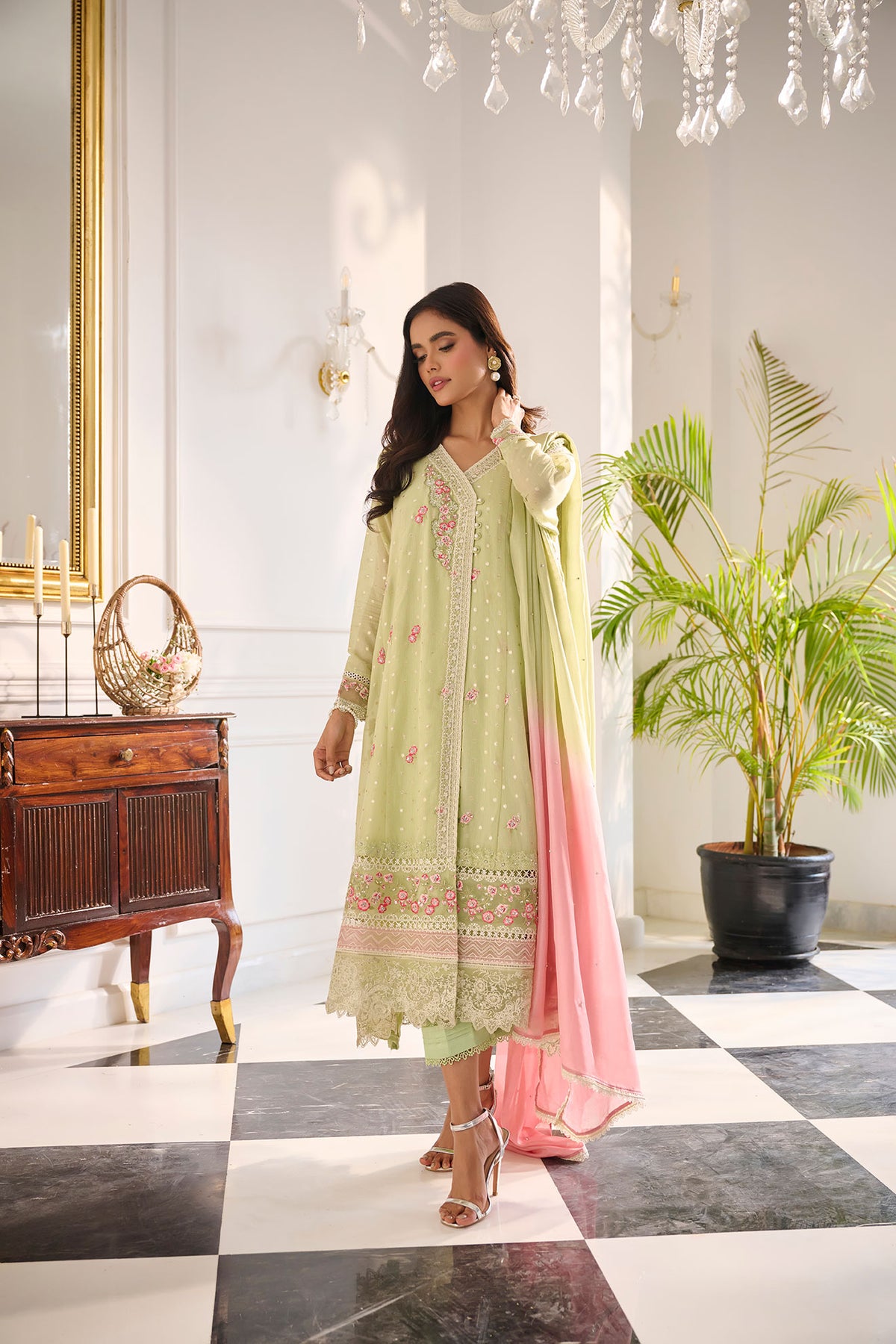 SS24DA-2378 LIGHT GREEN 2PCS  EMBROIDERED KURTA WITH TROUSER