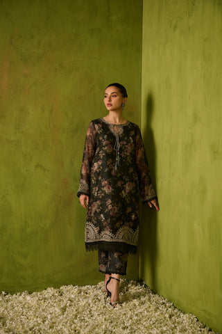 SS24DA-2474   DARK GREEN  2PCS  EMBROIDERED KURTA WITH TROUSER