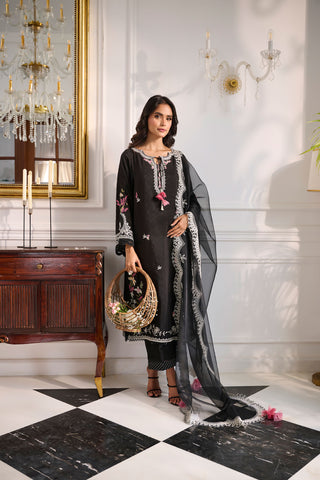 SS24DA-2377 BLACK 2PCS  EMBROIDERED KURTA WITH TROUSER