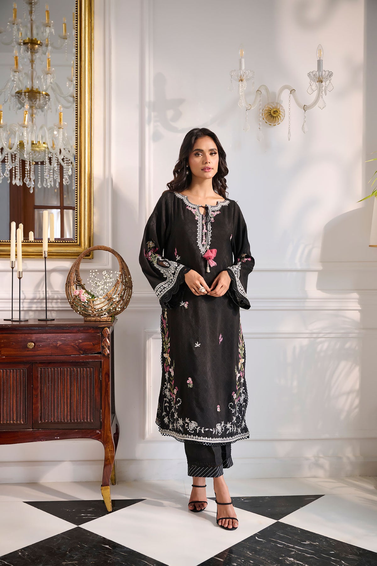 SS24DA-2377 BLACK 2PCS  EMBROIDERED KURTA WITH TROUSER