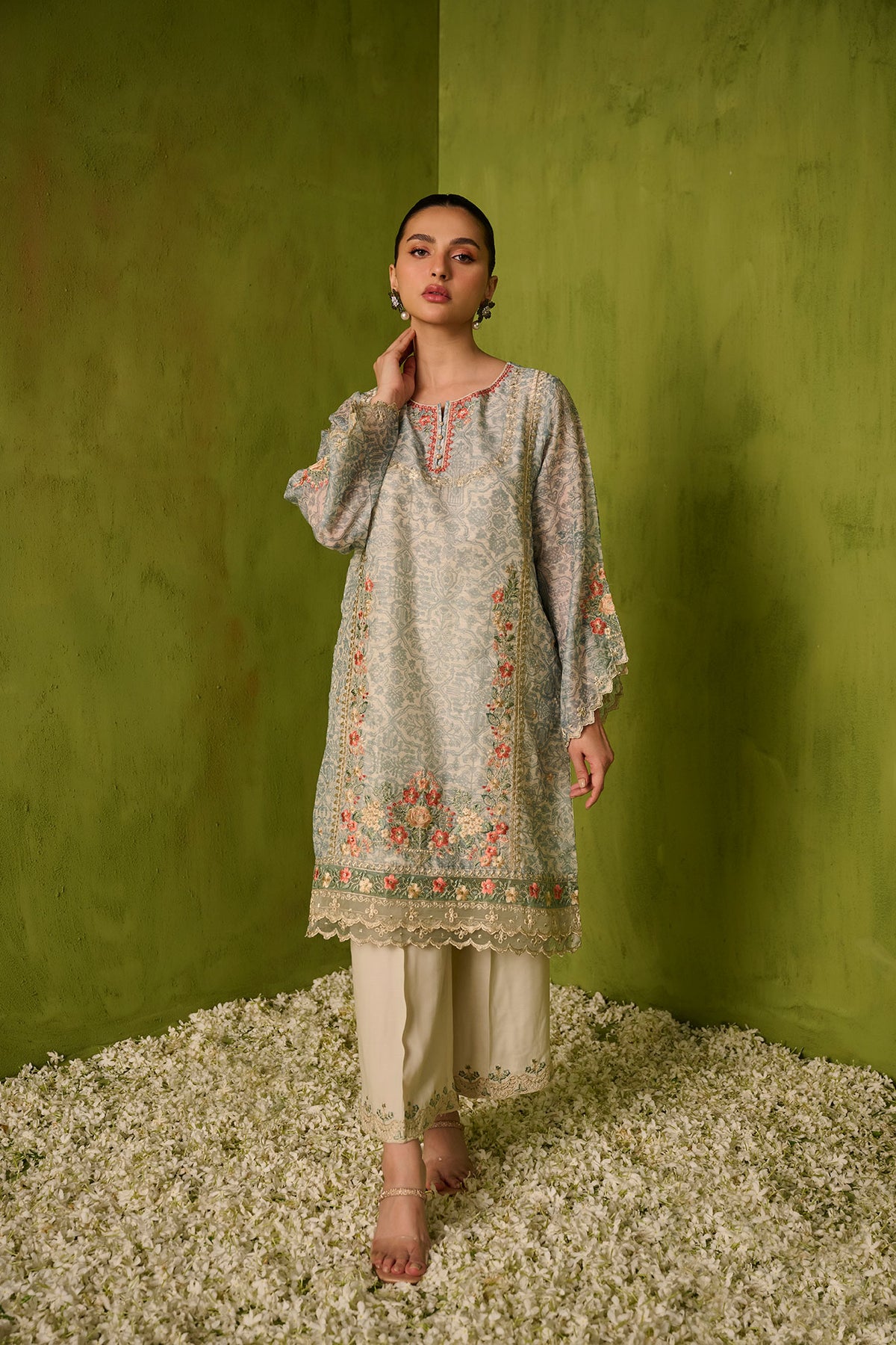 SS24DA-2470   GREEN  2PCS  EMBROIDERED KURTA WITH TROUSER