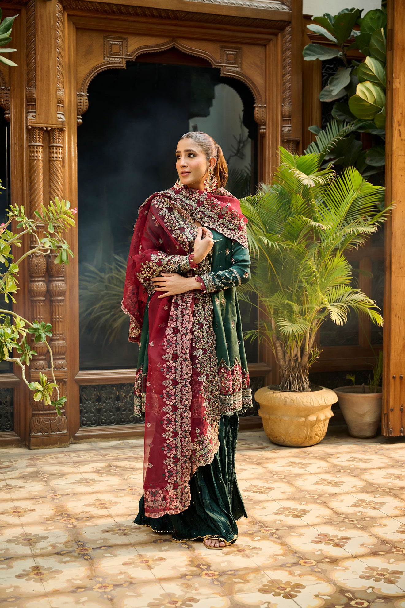 Classic dark green embroidered 3-piece formal suit for festive occasions.