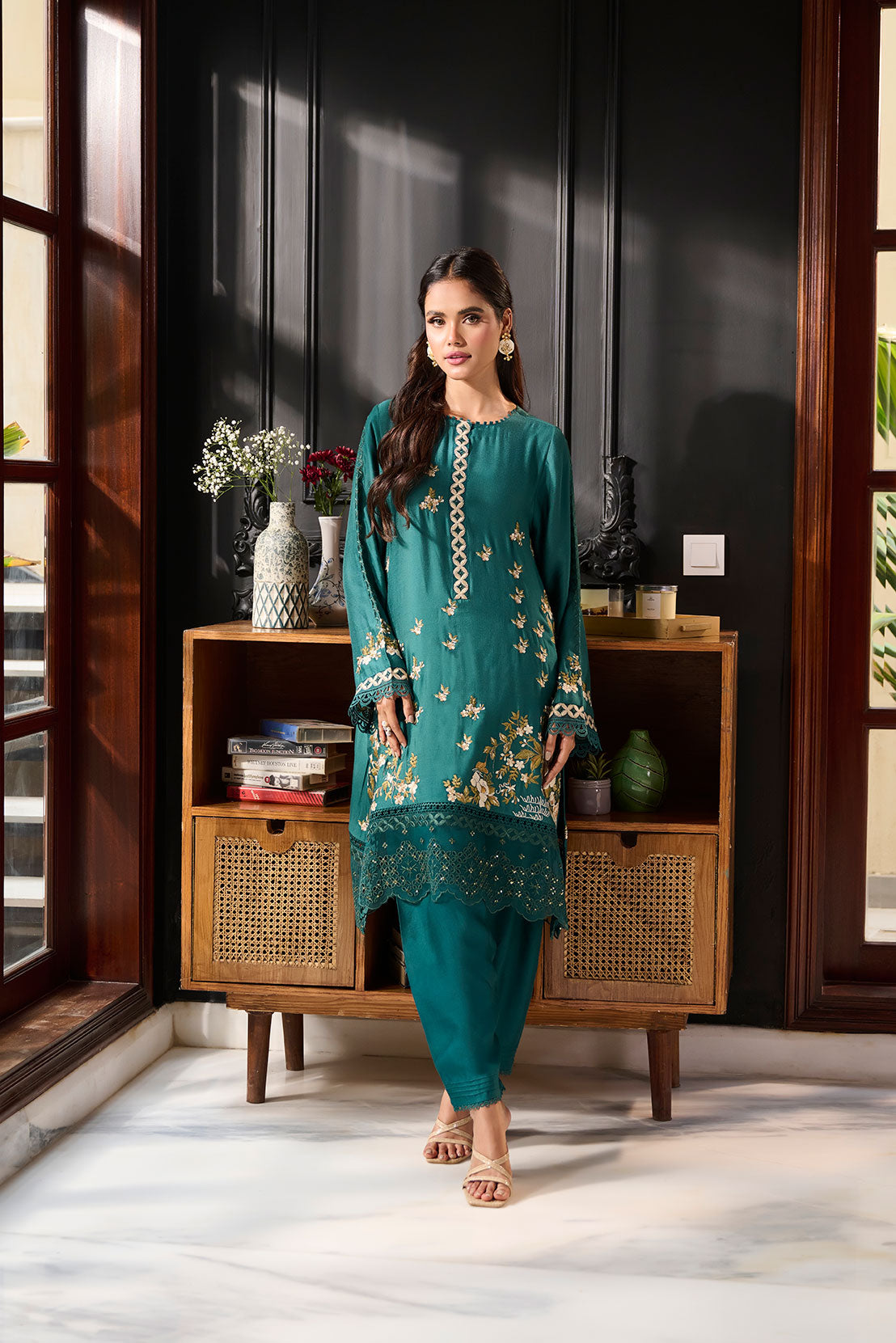 SS24DA-2384 DARK GREEN 2PCS  EMBROIDERED KURTA WITH TROUSER