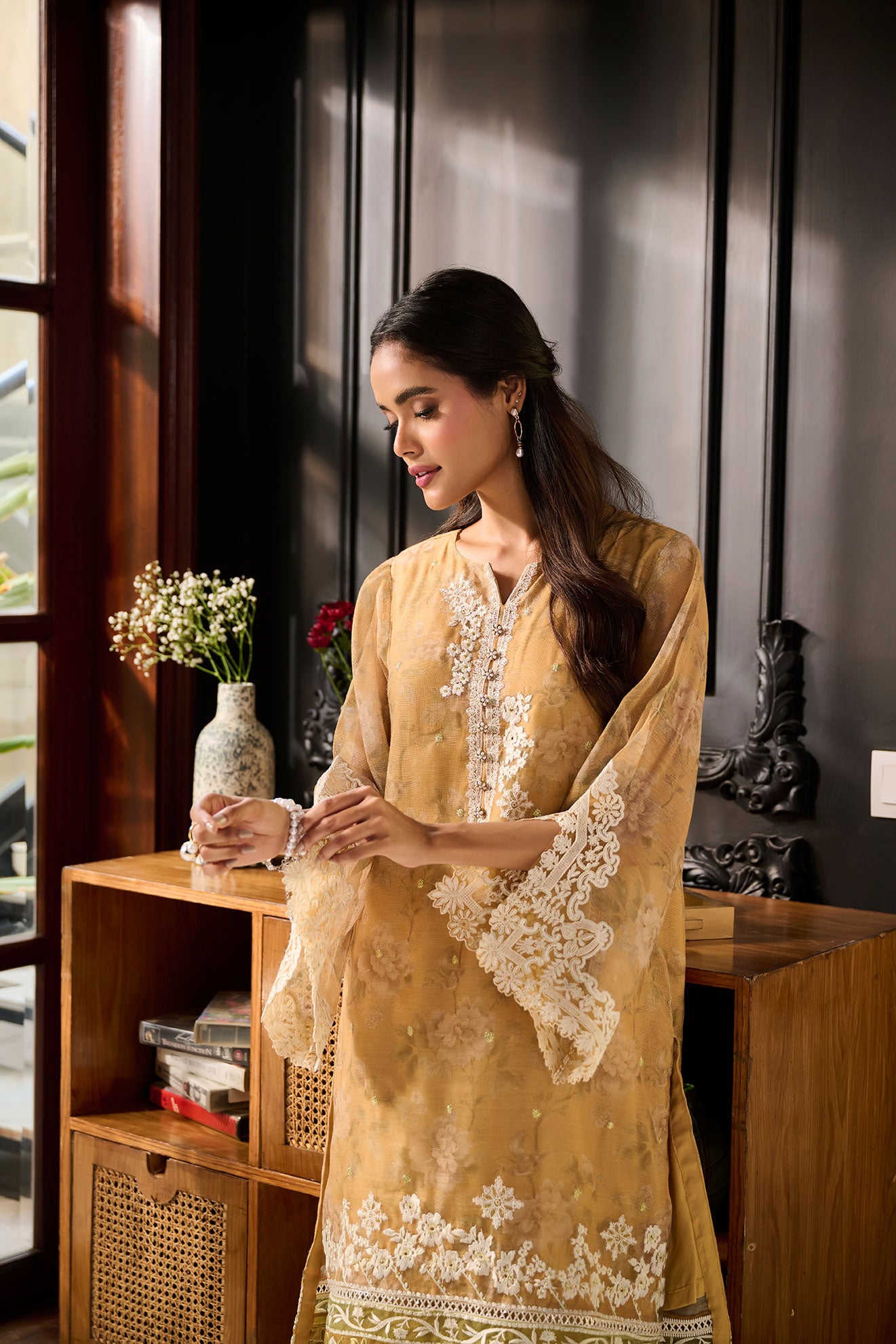 SS24DA-2386 MUSTARD 2PCS  EMBROIDERED KURTA WITH TROUSER