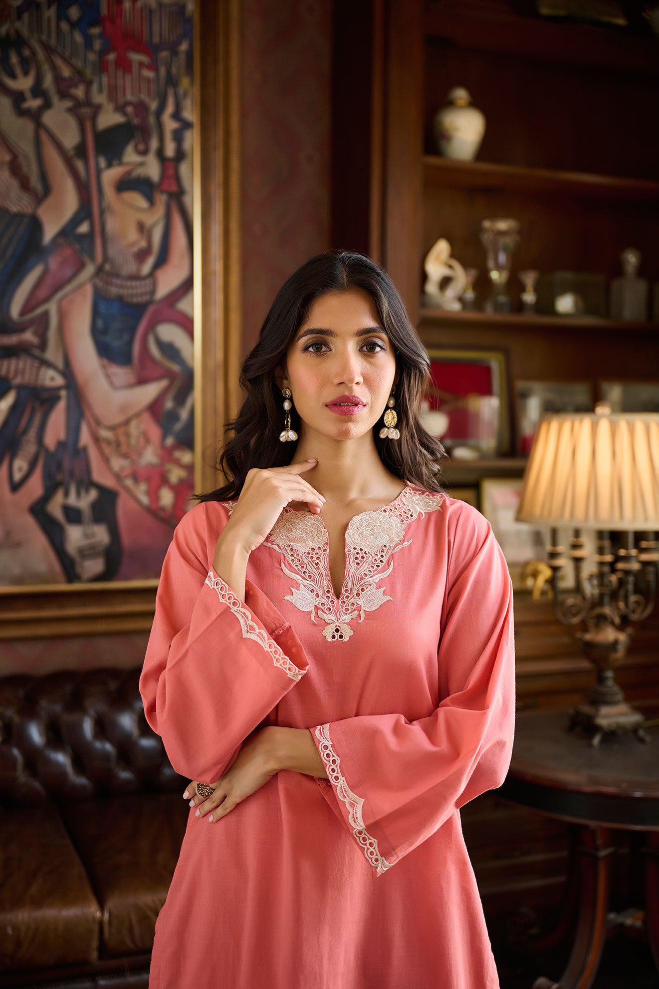 DC-2219 RUST 2PCS  EMBROIDERED KURTA WITH TROUSER