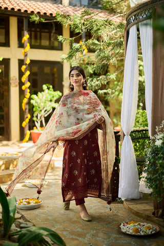 SS24DA-2388   MAROON  2PCS  EMBROIDERED KURTA WITH TROUSER