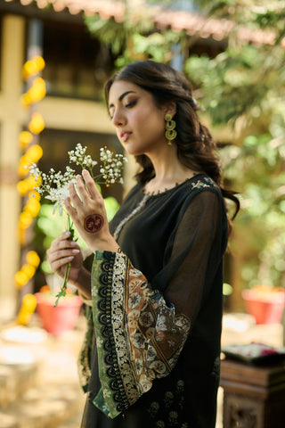 SS24DA-2391   BLACK  2PCS  EMBROIDERED KURTA WITH TROUSER