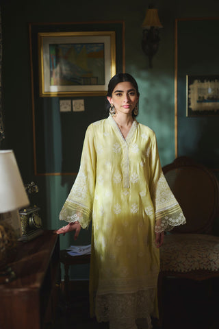 SS24DA-2389   LEMON YELLOW  2PCS  EMBROIDERED KURTA WITH TROUSER