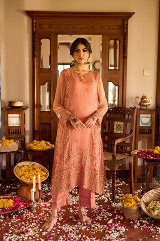 SS24DA-2366   RUST  2PCS  EMBROIDERED KURTA WITH TROUSER