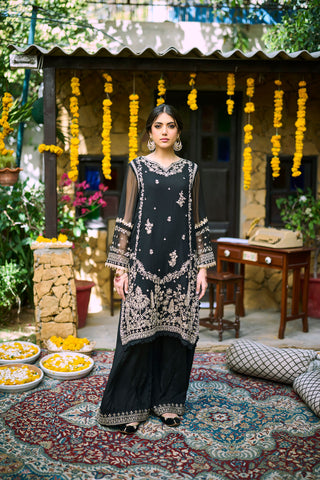 SS24DA-2270   BLACK  2PCS  EMBROIDERED KURTA WITH TROUSER