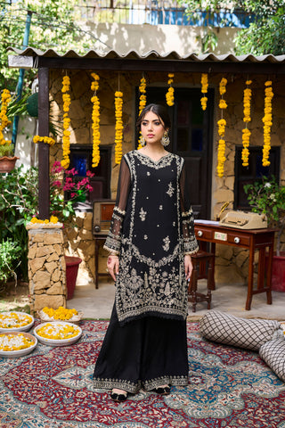 SS24DA-2270   BLACK  2PCS  EMBROIDERED KURTA WITH TROUSER