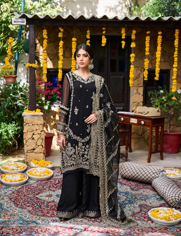 SS24DA-2270   BLACK  2PCS  EMBROIDERED KURTA WITH TROUSER