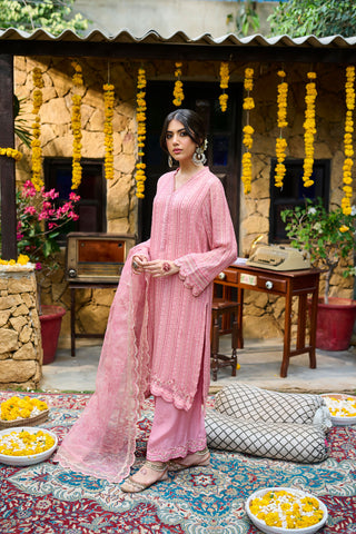 SS24DA-2364   PINK  2PCS  EMBROIDERED KURTA WITH TROUSER