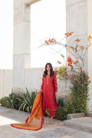 SS24DA-2285 RUST EMBROIDERED KURTA WITH TROUSER