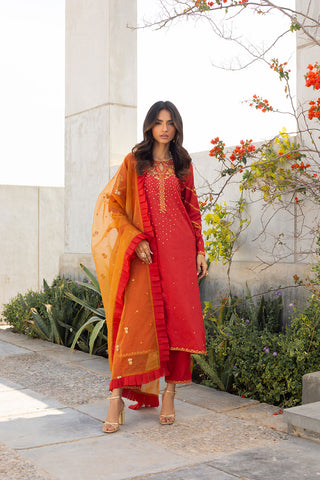 SS24DA-2285 RUST EMBROIDERED KURTA WITH TROUSER