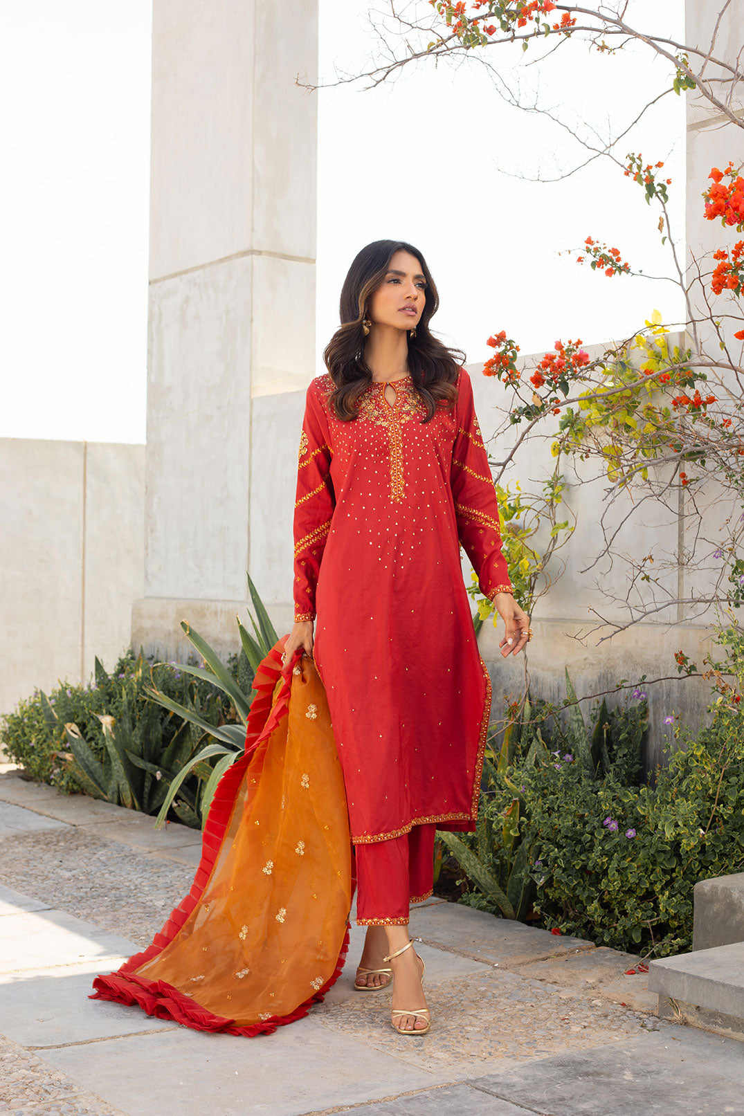 SS24DA-2285 RUST EMBROIDERED KURTA WITH TROUSER