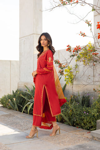 SS24DA-2285 RUST EMBROIDERED KURTA WITH TROUSER