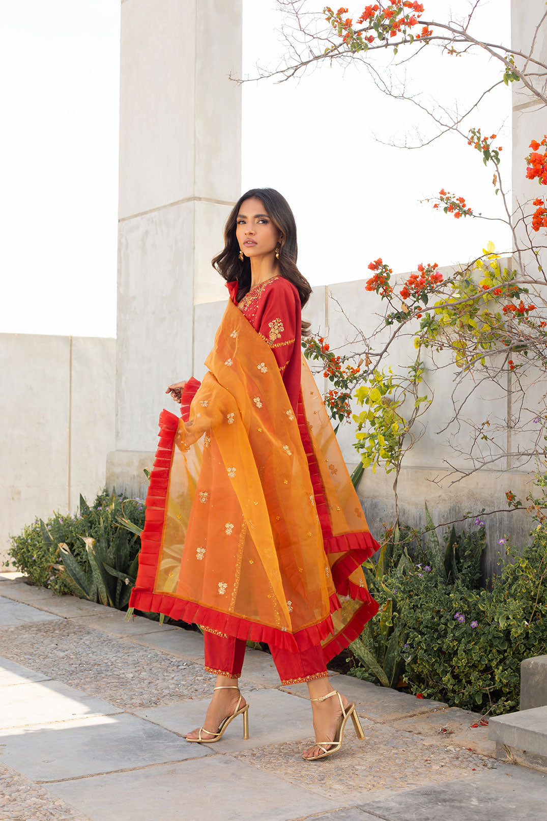 SS24DA-2285 RUST EMBROIDERED KURTA WITH TROUSER
