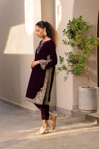 FW24DA-2604   PLUM  2PCS  EMBROIDERED KURTA WITH DUPATTA