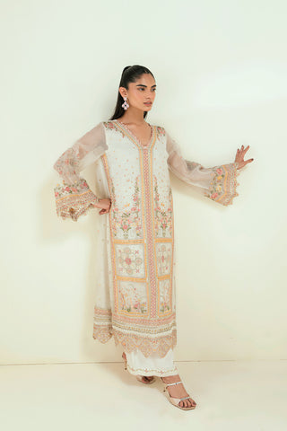 SS25DA-2693 CREAM  2PCS EMBROIDERED KURTA WITH TROUSER
