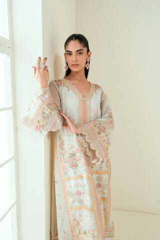 SS25DA-2693 CREAM  2PCS EMBROIDERED KURTA WITH TROUSER