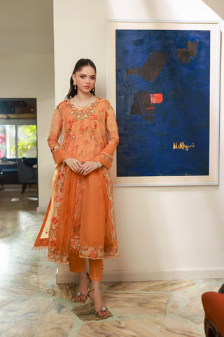 SS25DA-2716 Orange 2-piece printed chiffon kurta with floral embroidery and lace detailing on daman and sleeves.