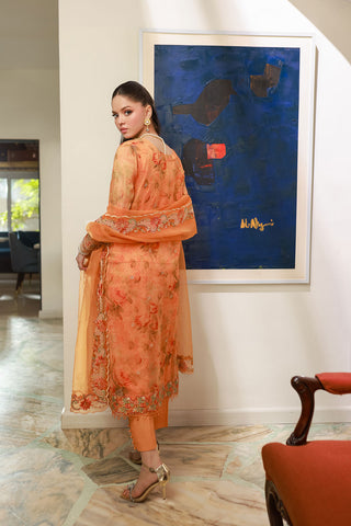SS25DA-2716 Orange 2-piece printed chiffon kurta with floral embroidery and lace detailing on daman and sleeves.