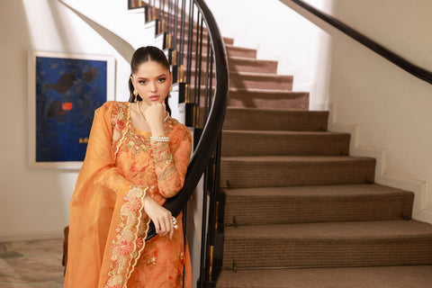 SS25DA-2716 Orange 2-piece printed chiffon kurta with floral embroidery and lace detailing on daman and sleeves.