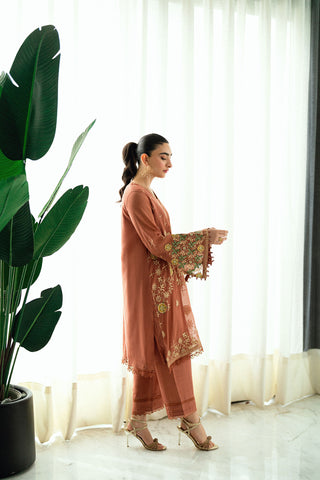 Rust 2-piece silk ensemble with intricate thread embroidery.