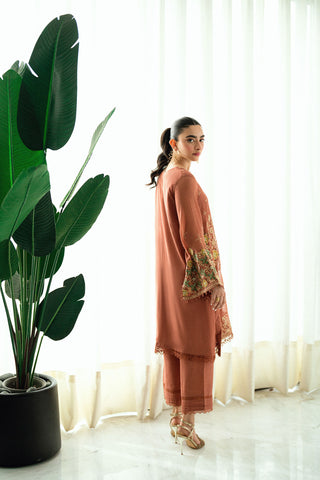 Rust 2-piece silk ensemble with intricate thread embroidery.