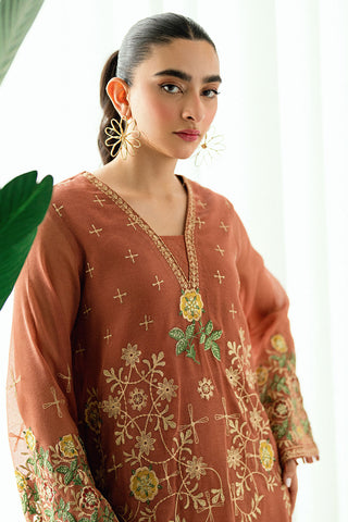 Rust 2-piece silk ensemble with intricate thread embroidery.