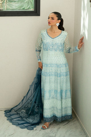 Sky blue 2-piece silk suit with delicate floral embroidery and straight pants.