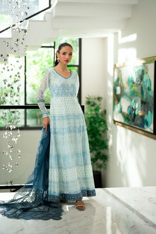 Sky blue 2-piece silk suit with delicate floral embroidery and straight pants.