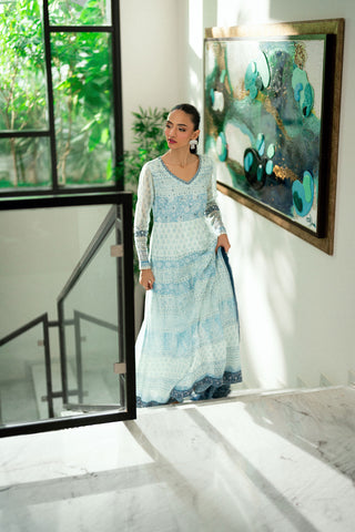 Sky blue 2-piece silk suit with delicate floral embroidery and straight pants.