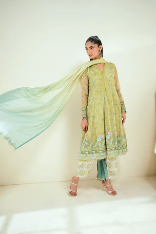 SS25DA-2729   L-GREEN  2PCS  EMBROIDERED KURTA WITH TROUSER