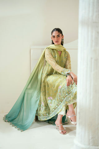 SS25DA-2729   L-GREEN  2PCS  EMBROIDERED KURTA WITH TROUSER
