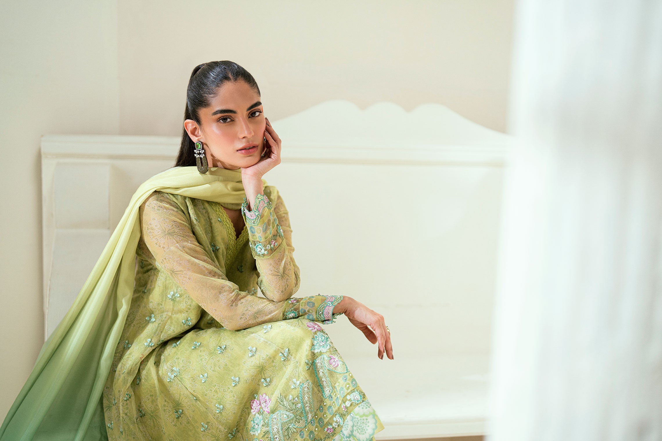 SS25DA-2729   L-GREEN  2PCS  EMBROIDERED KURTA WITH TROUSER