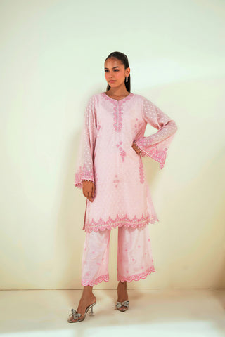 SS25DA-2730 PINK  2PCS EMBROIDERED KURTA WITH TROUSER