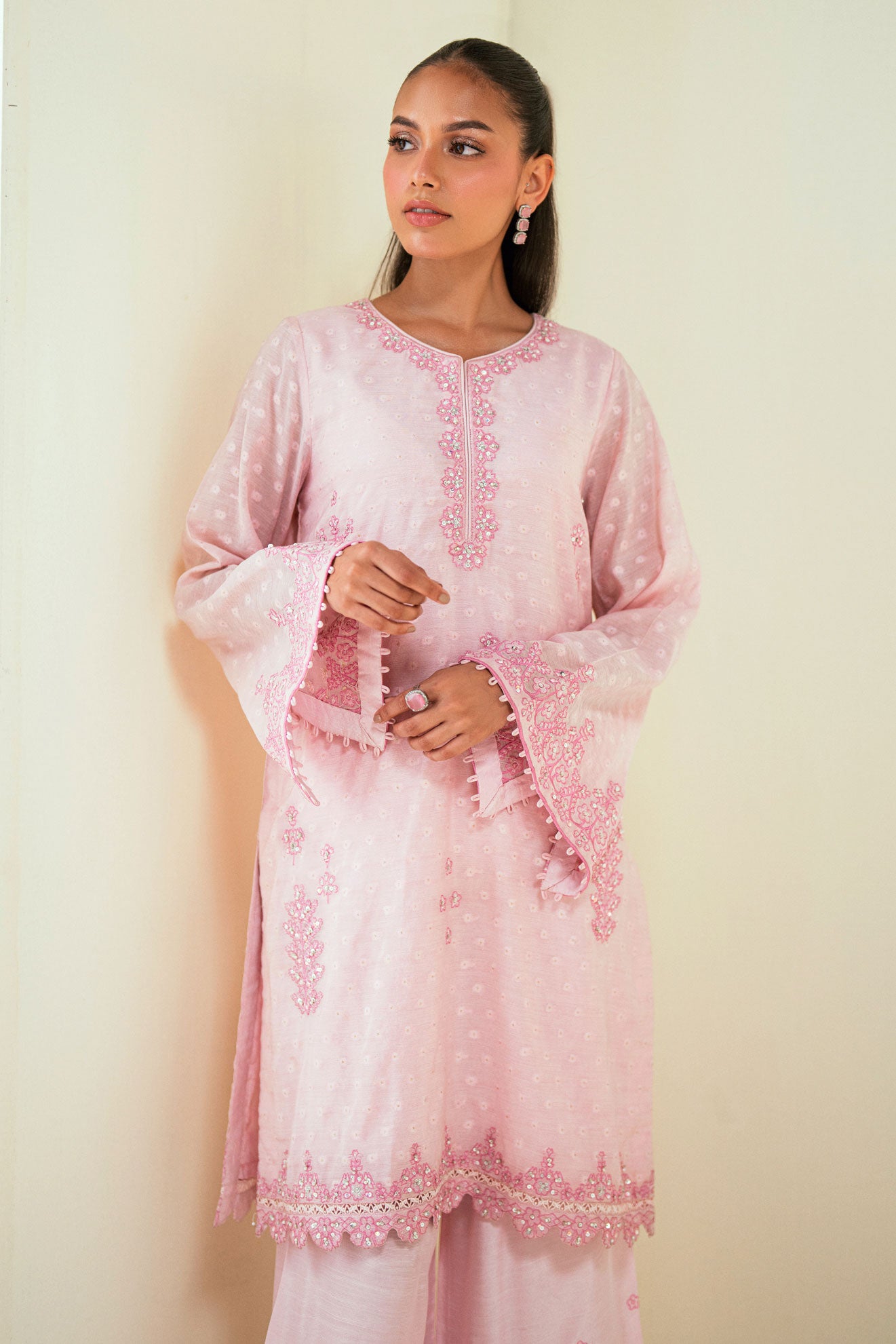 SS25DA-2730 PINK  2PCS EMBROIDERED KURTA WITH TROUSER