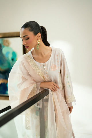 Tea pink 2-piece embroidered kurta with matching trousers and lace accents.