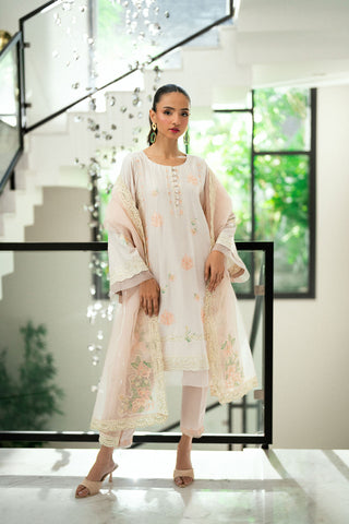 Tea pink 2-piece embroidered kurta with matching trousers and lace accents.