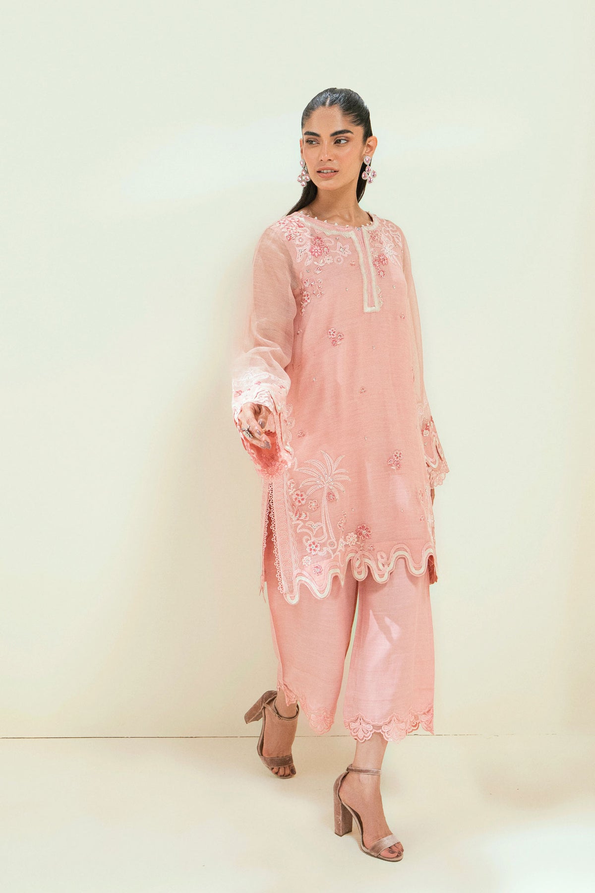 SS25DA-2737 PINK  2PCS EMBROIDERED KURTA WITH TROUSER