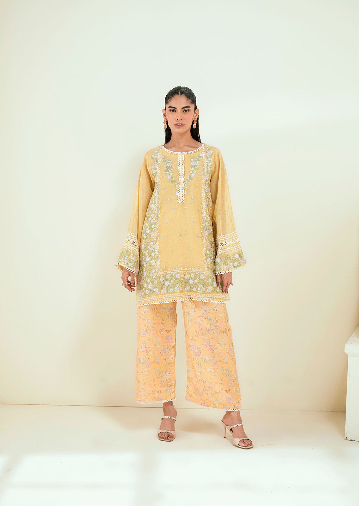 SS25DA-2741  YELLOW  2PCS  EMBROIDERED KURTA WITH TROUSER