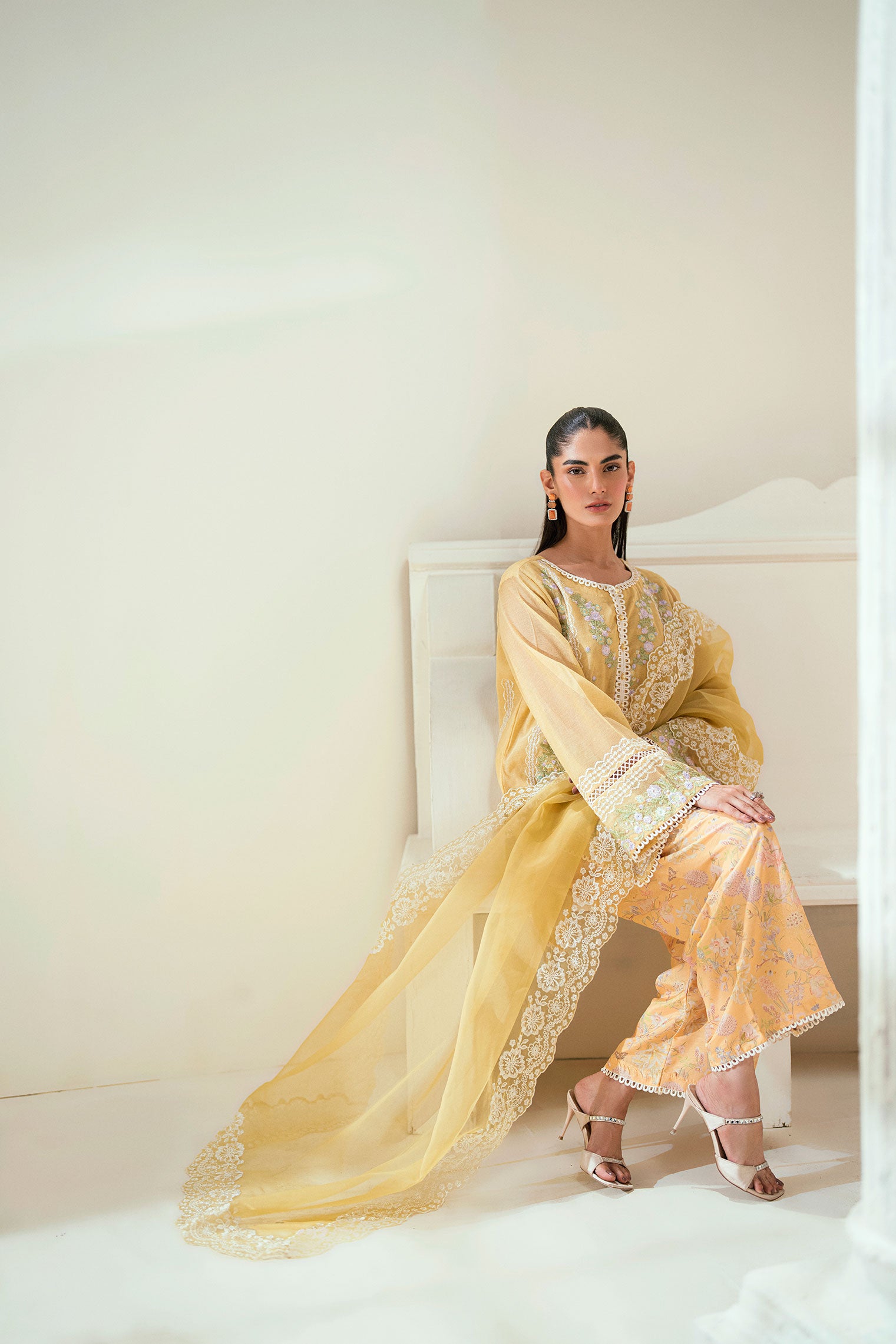 SS25DA-2741  YELLOW  2PCS  EMBROIDERED KURTA WITH TROUSER